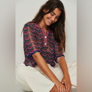 Mango Chevron Sheer Polo Top Size Medium